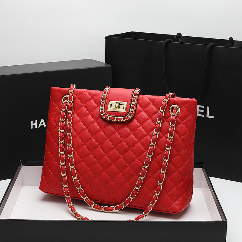 Borsa grande da donna alla moda, borsa a tracolla con catena a rombo_voghion.com