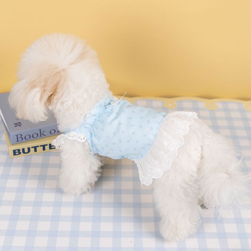 Blauer, vollständig bedruckter Rand, dünner Hosenträgerrock mit Blumenmuster für Welpen im Frühling und Sommer im Vergleich zur Hundekleidung mit Teddybär_voghion.com