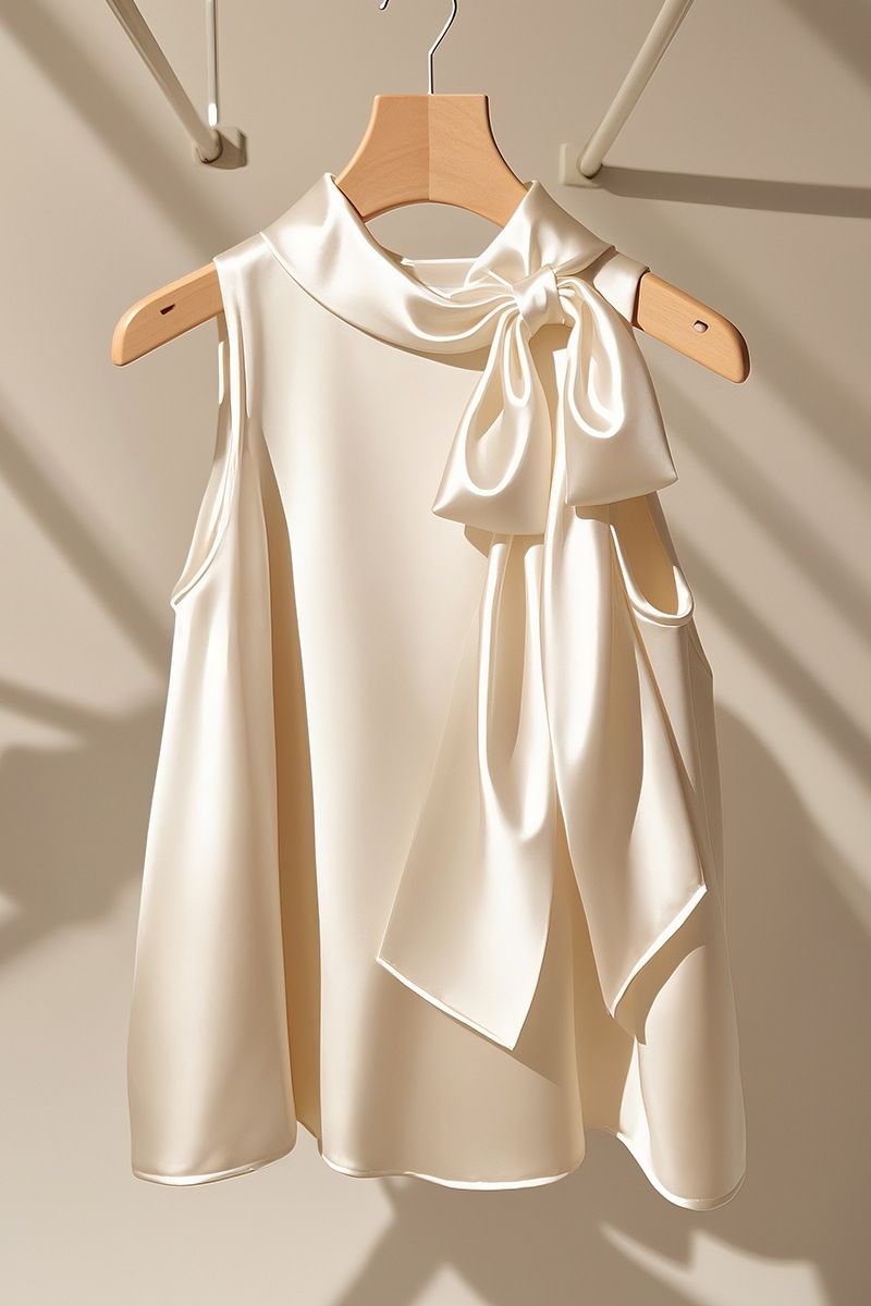 Damenbekleidung High End Chic Champagner Weiß Satin Neckholder Top Weiblich Leicht Reife Nische Schleife Ärmelloses Hemd_voghion.com