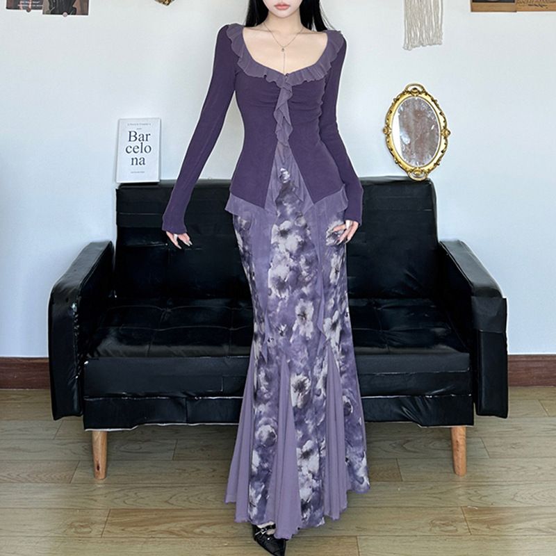 Kadın Giyim Retro Baskılı Takım Elbise Lotus Yaprağı Yaka Pileli Kurdele Hırka Üstü Düşük Bel Fileli Kalça Uzun Etek_voghion.com