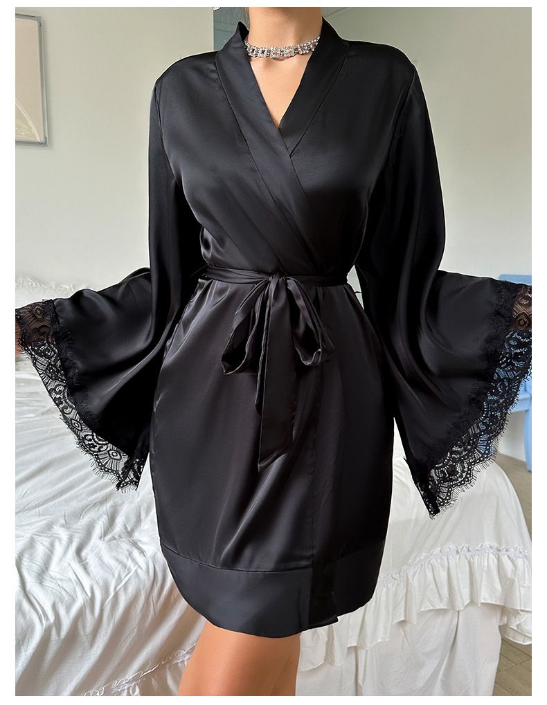 Europäische und amerikanische Cross Border Sexy Nachthemd Medium Bademantel Sexy Pyjamas Damen Langarm Damen Satin Home Kleidung Großhandel 735_voghion.com