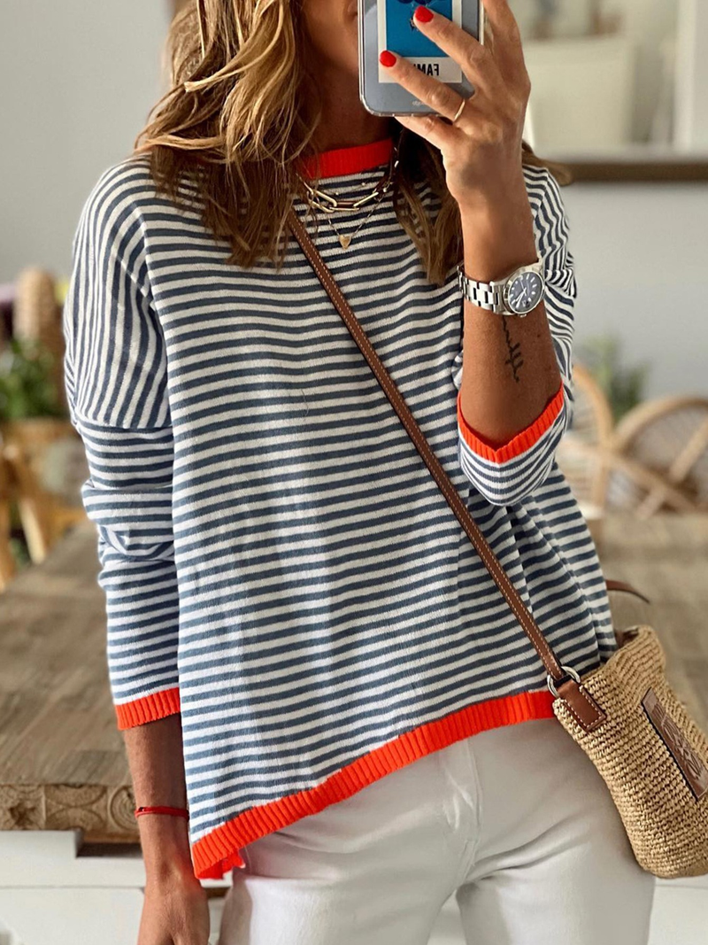 Women's Sweater Contrast Striped Crew Neck Side Stripe Pullovers_voghion.com