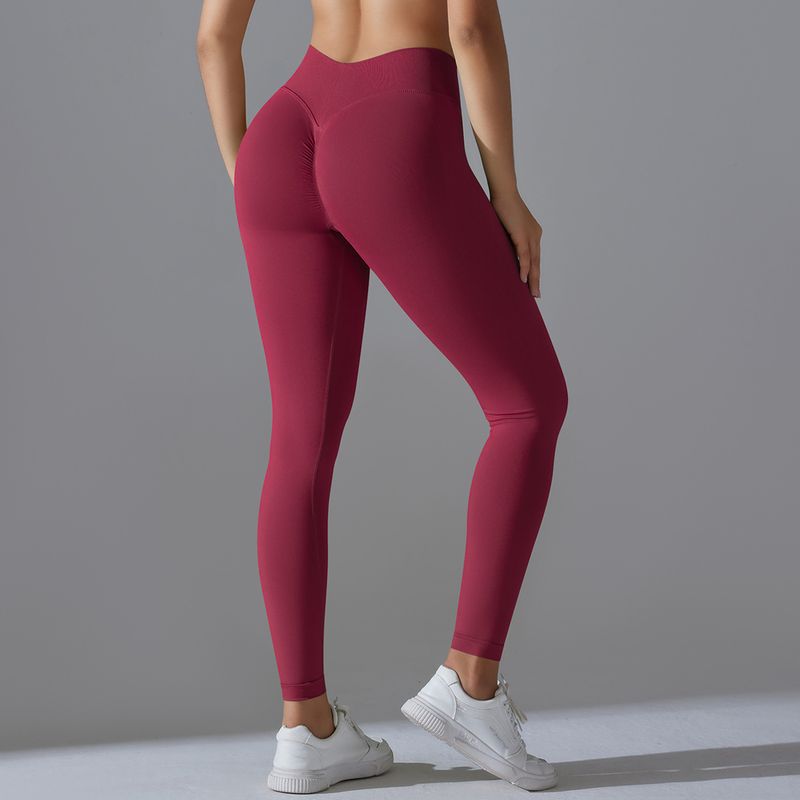 Brezšivne pletene enobarvne oprijete hlače z visokim pasom, breskve, v-pasu, joga športne tekaške hlače za fitnes_voghion.com