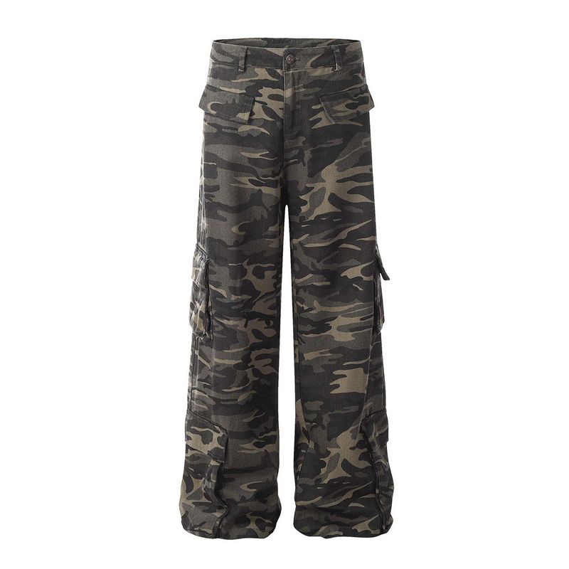 Pantaloni cargo mimetici larghi da uomo, multitasche, in denim, a gamba dritta, stile High Street_voghion.com