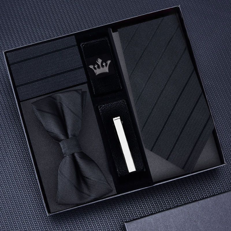 Fünfer-Set: Formelle Herren-Business-Krawatte, 8 cm, blauer Reißverschluss, schwarze handgebundene Fliege, Einstecktuch, Manschettenknöpfe_voghion.com