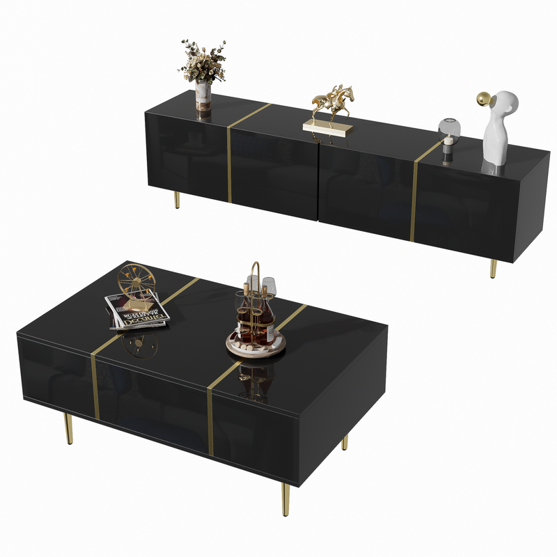 Ensemble meuble TV et table basse noir brillant moderne_voghion.com
