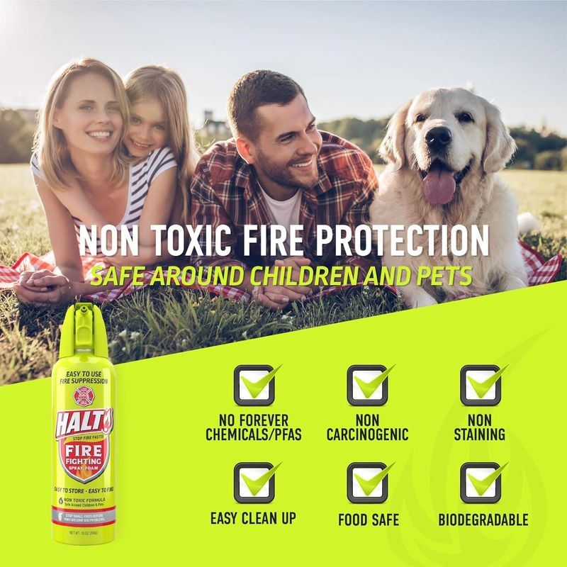 HALT! Handheld Fire Fighting Foam Spray – Non-Toxic, Easy To Use, Store, And Find In Emergency – Compact & Portable – Ideal For Home, Kitchen, Apartment, Car, BBQ, Tailgate – Made In USA (Single Pack)_voghion.com