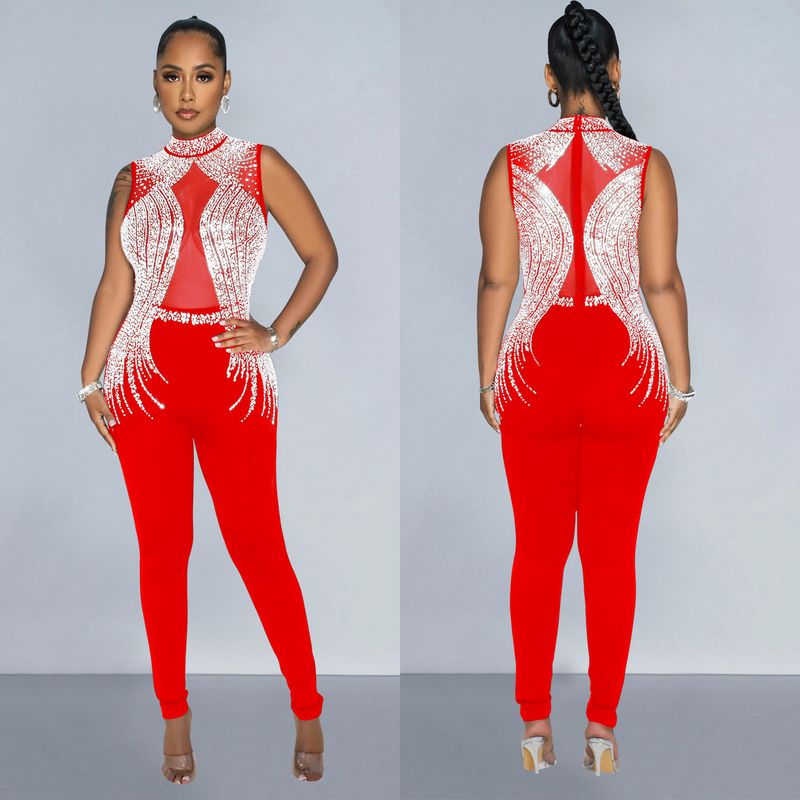 Vêtements pour femmes mode femmes couleur unie maille presse perceuse sans manches pantalon combinaison_voghion.com