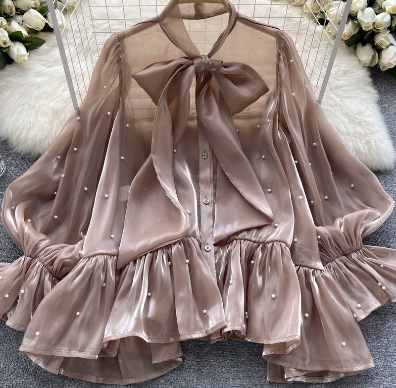 High-End-Nischen-Design Perlen Schleife Glocke Ärmel Shirt Herbst Damen Ladylike Shirt_voghion.com