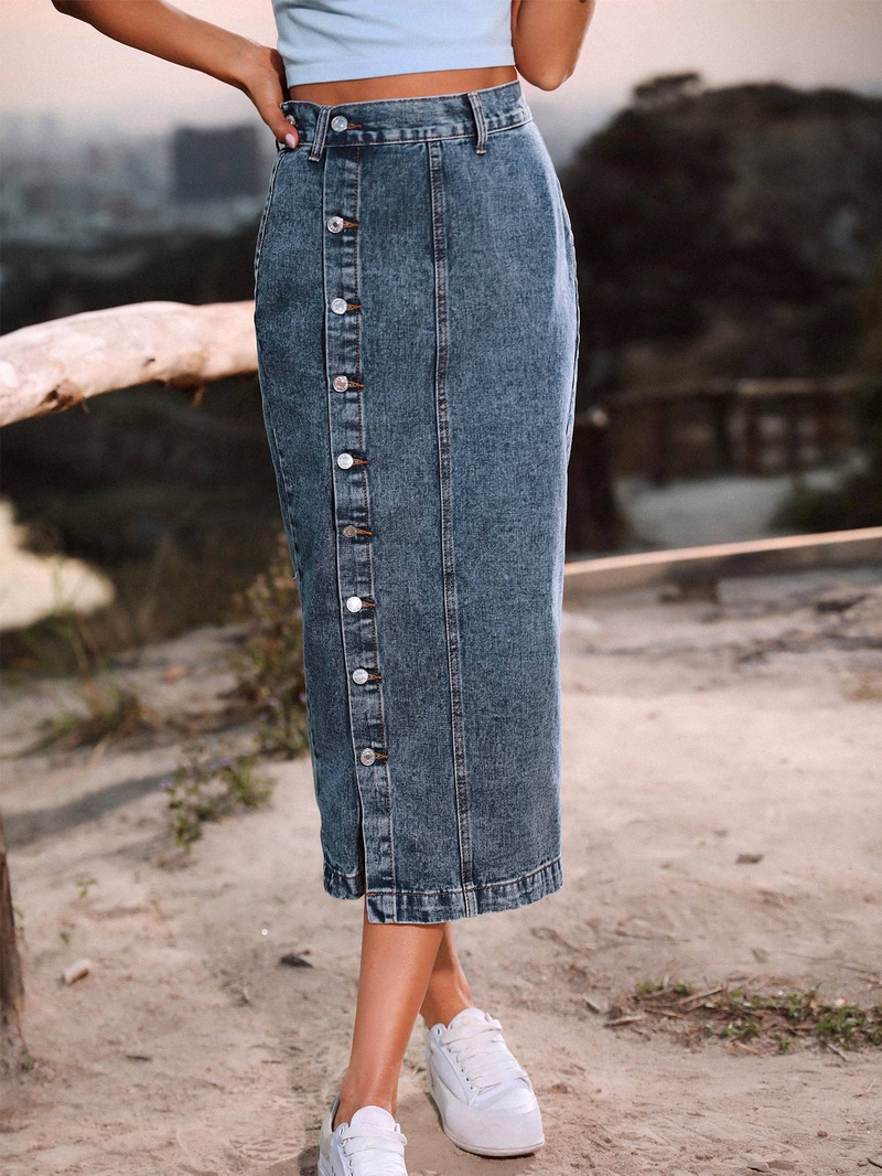 Vrouwen Maxi Pencil Jean Rok Hoge Taille A-Lijn Lange Denim Rokken Ins Button Down Zijsplit Zoom Stretch Blauwe Jean Rok_voghion.com