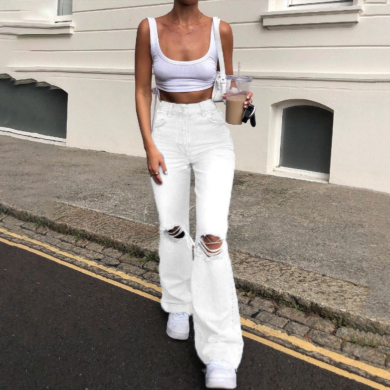 Damenbekleidung Damenjeans Weite Beinhose Zerrissene Freizeithose Denim Schlaghose für Damen_voghion.com