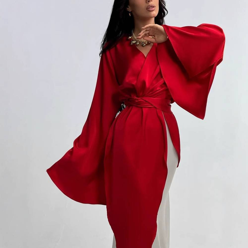 Abito da sera due pezzi rosso e bianco da donna, abito midi avvolgente_voghion.com