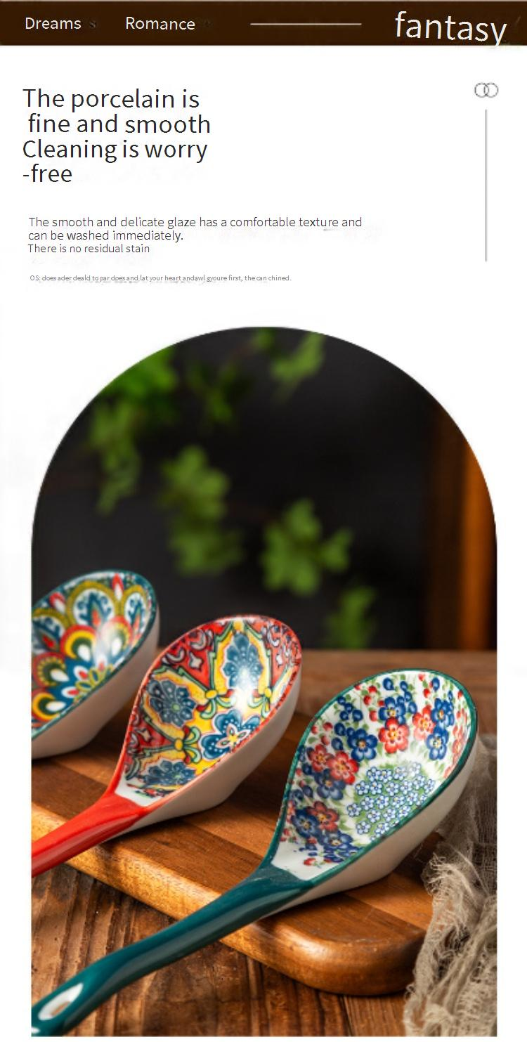 Bohemian Ceramic Soup Spoon Household Large Soup Spoon Long Handle Spoon Porridge Spoon Porridge Spoon Large Spoon_voghion.com