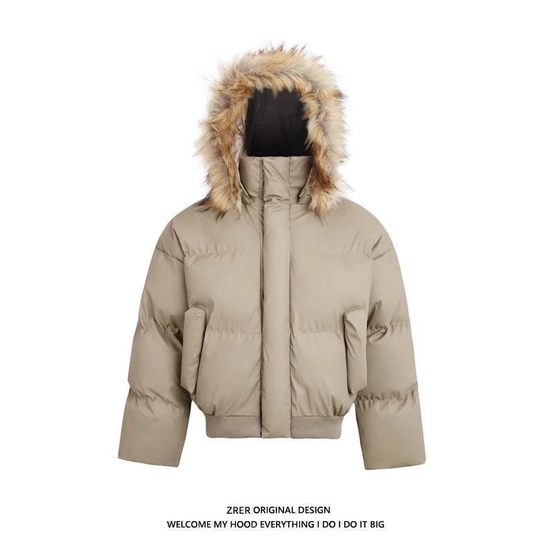 Parka unisex con capucha de piel desmontable para hombre - Abrigo de invierno grueso (estilo utilitario)_voghion.com