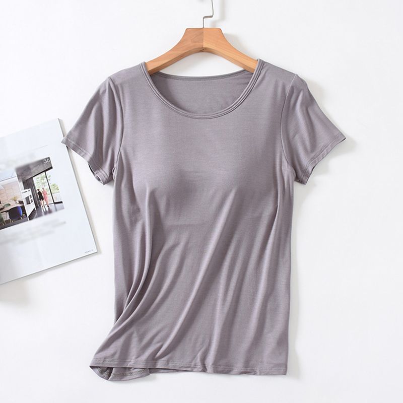 hot selling Women's Modal With Bra Pads Short-Sleeved Top Round Neck Thin Homewear T-Shirt Bottom Shirt Pamas_voghion.com