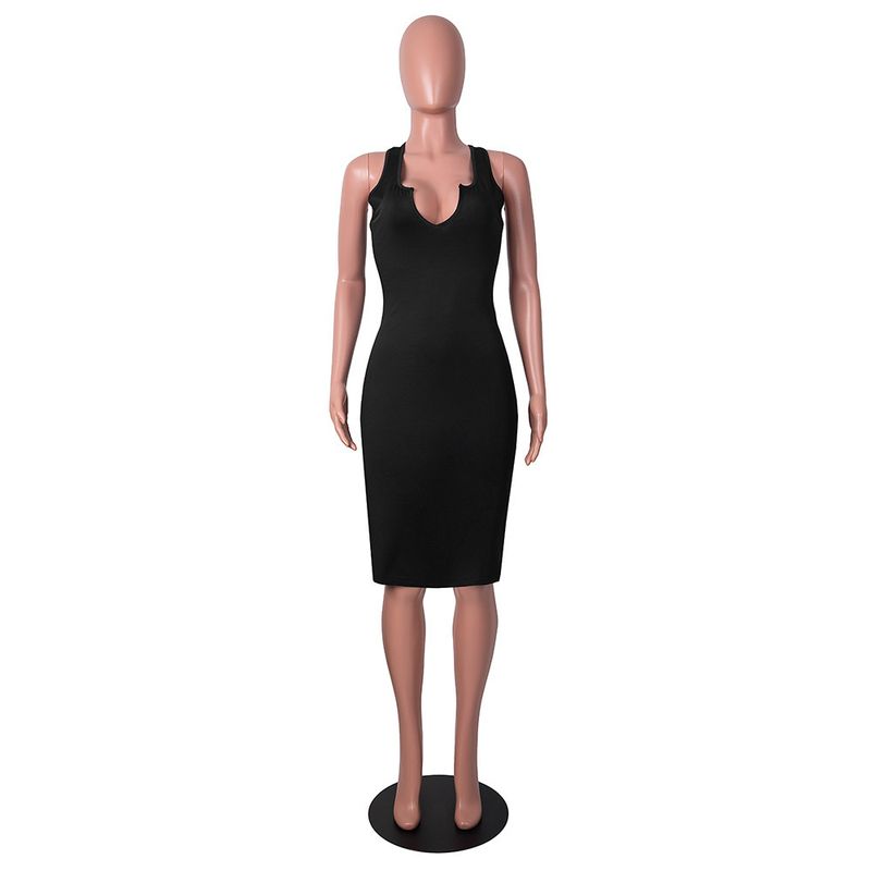 Cross-Level Damenmode, einfarbig, sexy, V-Ausschnitt, eng anliegend, figurbetontes Tank-Kleid_voghion.com