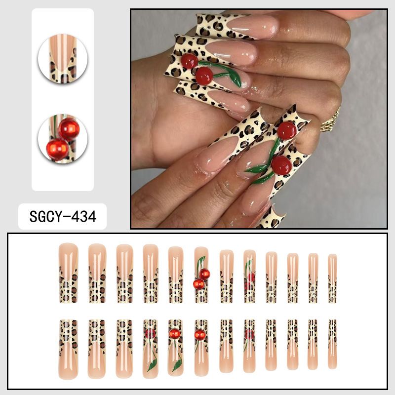 Unghie semplici extra lunghe indossabili, French Leopard Cherry, punte delle unghie staccabili_voghion.com