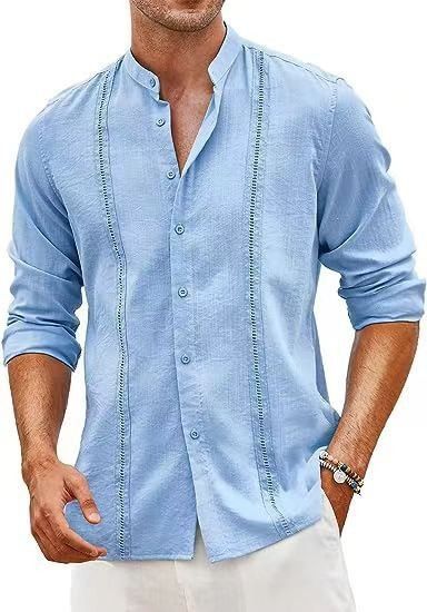 Camicia in cotone e lino con colletto alla coreana, stile casual da uomo, con bottoni, tendenza per le vacanze estive in spiaggia, 2025_voghion.com