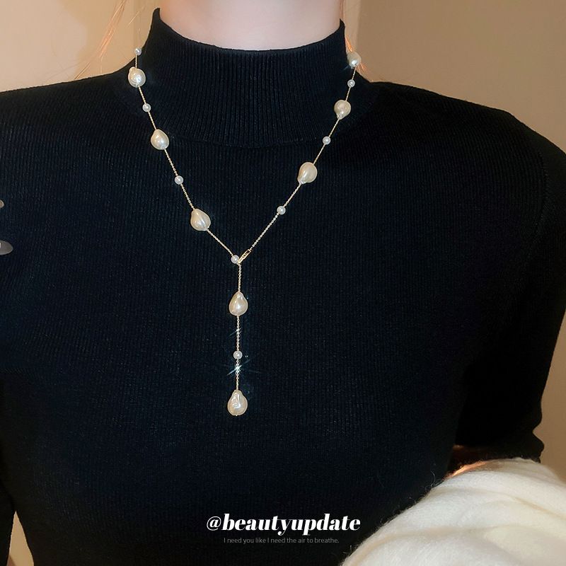 Echt vergoldete Perlenkette, leichter Luxus, eleganter Schlüsselbein, französische Mode, hochwertiger Pulloverkettenschmuck_voghion.com
