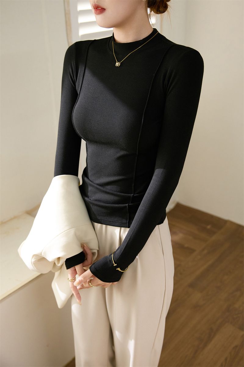 Women's Clothing Maillard high end design 2024 autumn and winter new half high collar T shirt women's long sleeved slim bottoming shirt top trend_voghion.com
