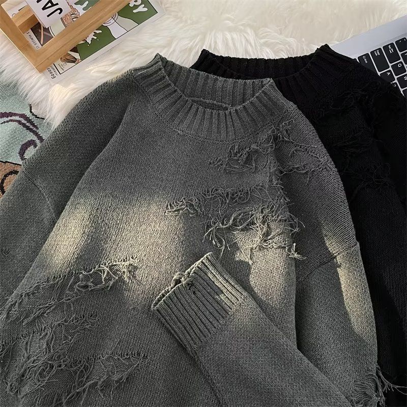 Kleidung Herbst und Winter zerrissene Herren lose japanische Retro lässige Saum gerippte Strickpullover Jacke Oberbekleidung_voghion.com
