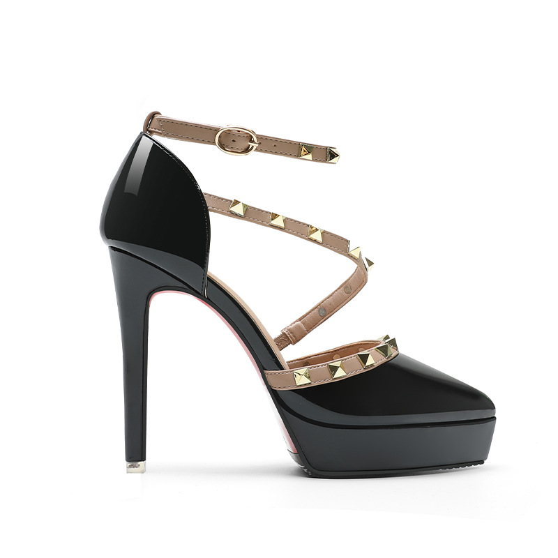 9626-1 High Heels für Damen, Stilettos, wasserdichte Plattform, Nieten-Einzelschuhe, Lackleder, sexy Damenschuhe, grenzüberschreitende Versorgung_voghion.com
