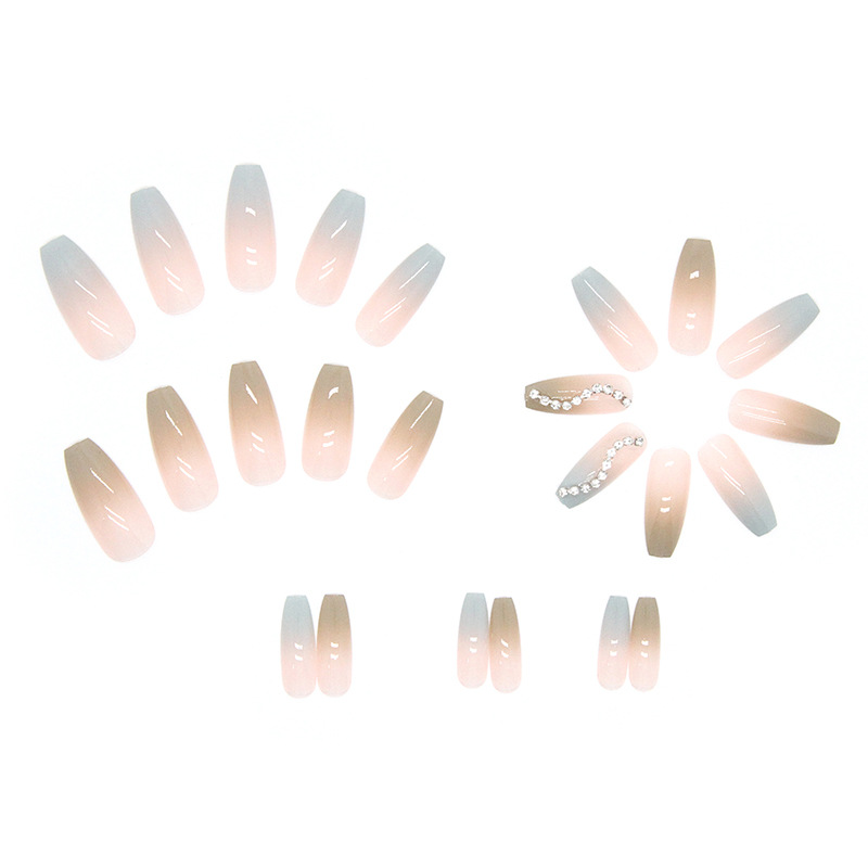 Lange künstliche Nägel aus Acryl, 24 Stück, mit Kleber, Farbverlauf, grüne Strasssteine, Design zum Aufdrücken der Nägel, Ballerina, vollständige Abdeckung_voghion.com