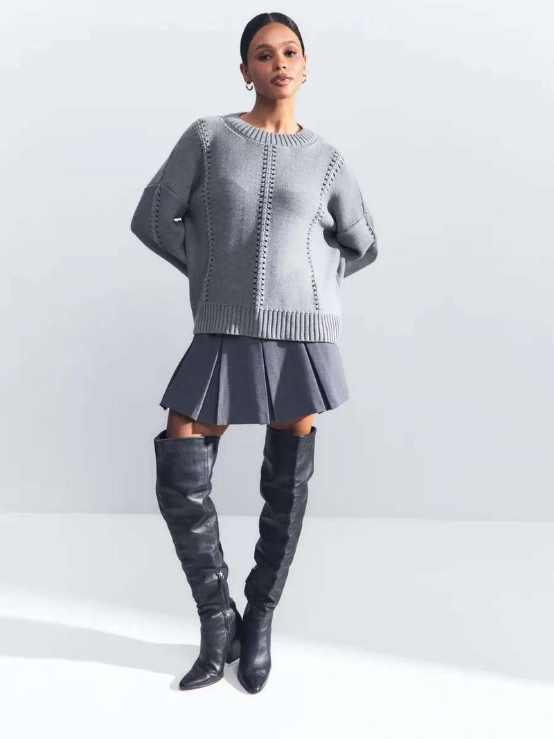 Breathable Knit Sweater Women's Oversized Loose Fit Round Neck Lace Crochet Pullover Top - Soft Acrylic Polyester Blend Yarn_voghion.com