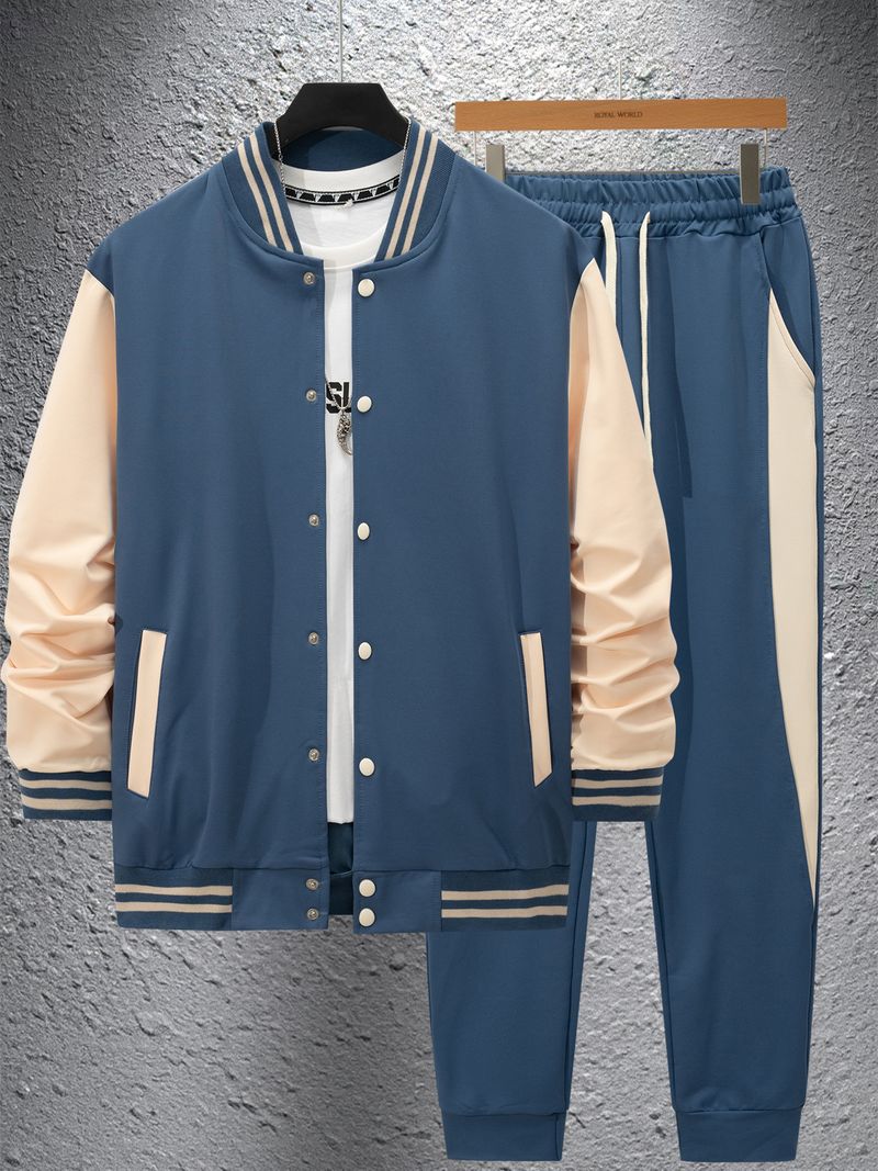 Men's Baseball Jacket & Jogger Set - Casual Contrast Panel Zip-Up Track Suit With Elastic Cuffs_voghion.com