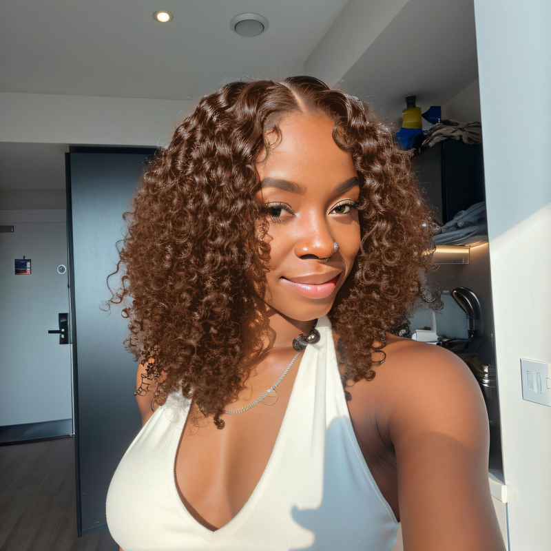 13*4 encaje cabello humano marrón BOB corto mullido profundo rizado moda señoras vestir peluca 10-16"_voghion.com