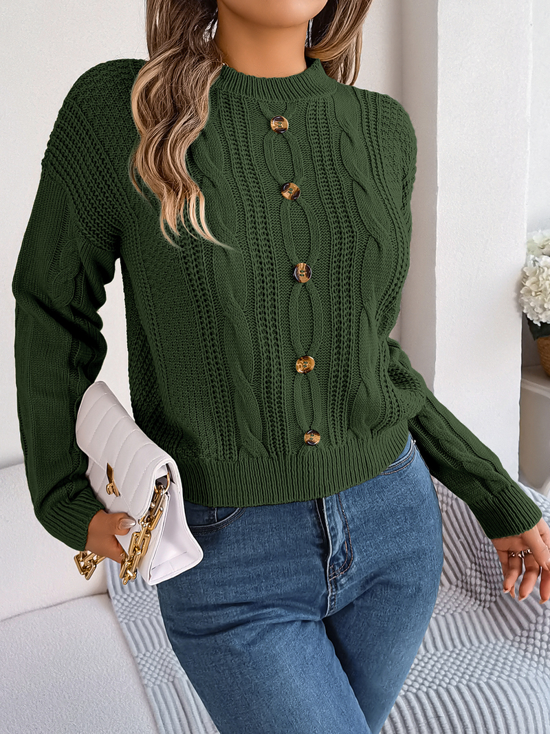 Cropped Sweaters for Women Crew Neck Crochet Knit Pullover Sweater Fall Trendy Button Long Sleeve Solid Color Jumper Tops_voghion.com