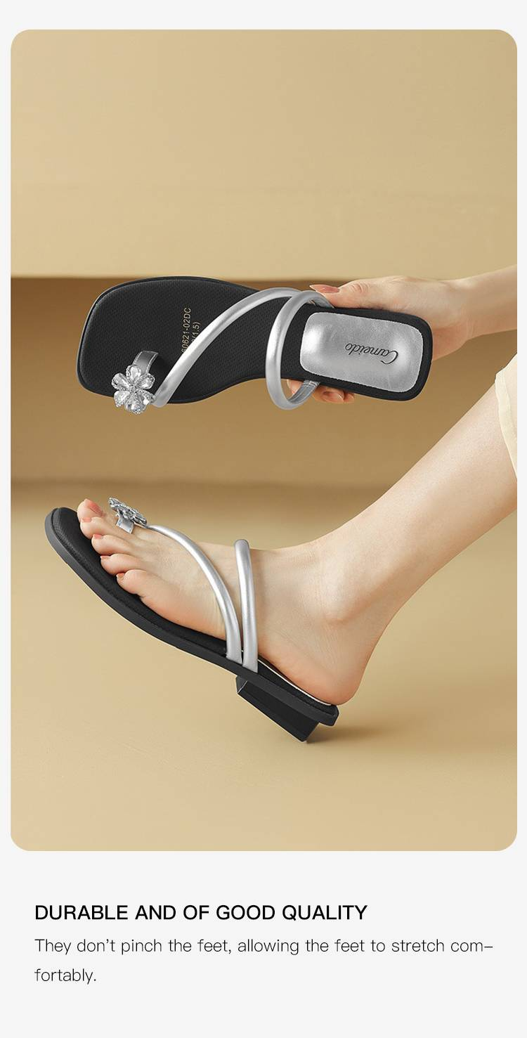 Cameido Women's Rhinestone-toe-cap Slippers, Outdoor Wearable Sandals, In A Fairy-like Style, Low-heeled Single-strap Slippers_voghion.com