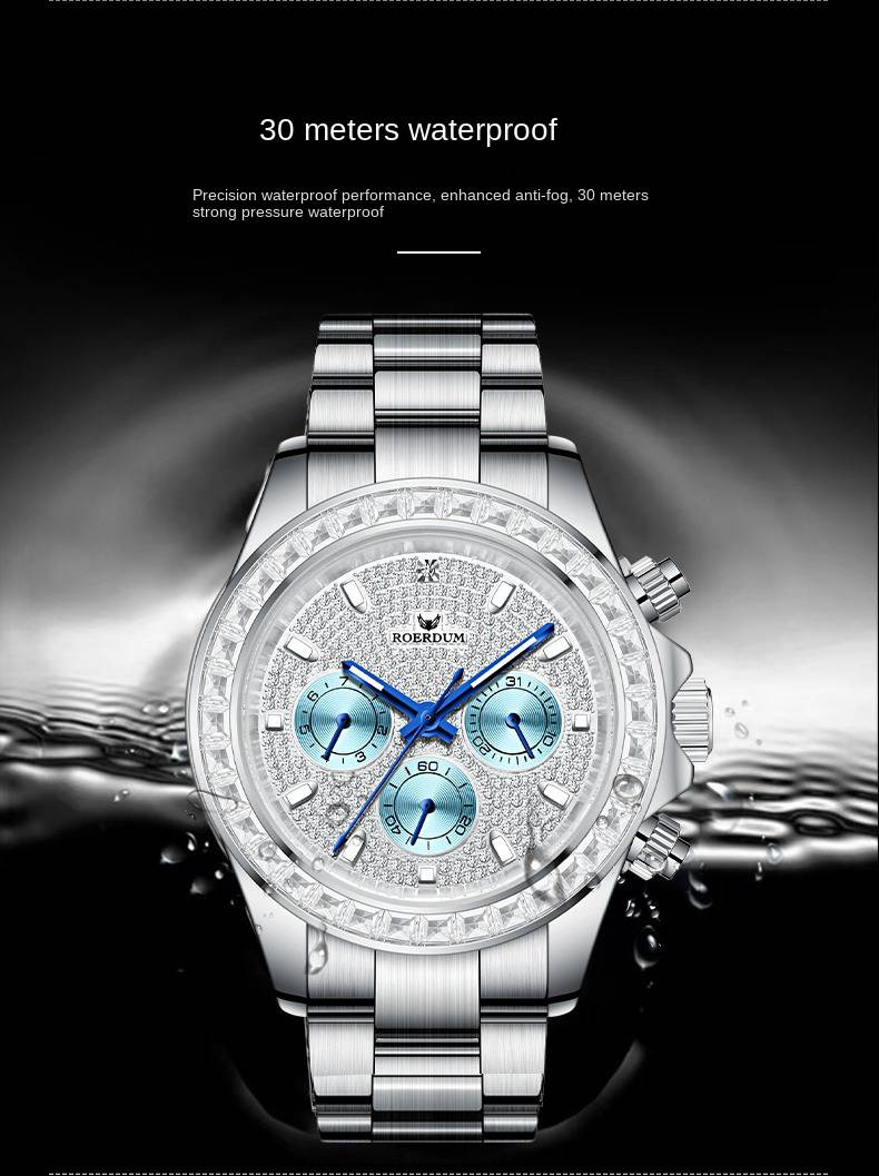 ROERDUM Blue Heart Ice Series II-Men's Tri-Chronograph Mechanical Watch- Stainless Steel Band, Silver Dial, Water Resistant, Minimalist Style_voghion.com