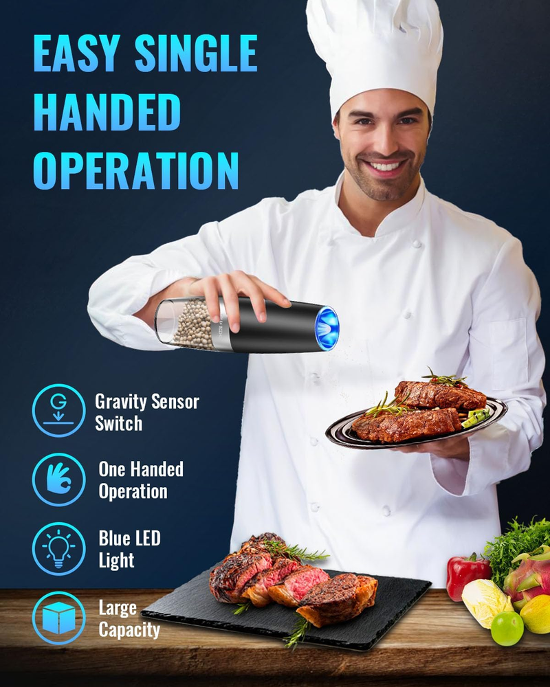 Electric Pepper/Salt Grinder Set, Manual Free, One-Hand Automatic Grinding Pepper/Salt, Battery/Rechargeable, With G-switch And LED Light_voghion.com