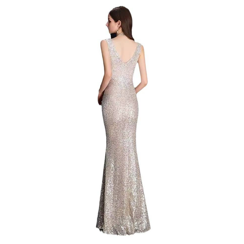 Elegantes Champagner-Meerjungfrauen-Abendkleid mit Pailletten – Eng anliegendes, sexy langes Kleid für Bankette, Partys und besondere Anlässe_voghion.com