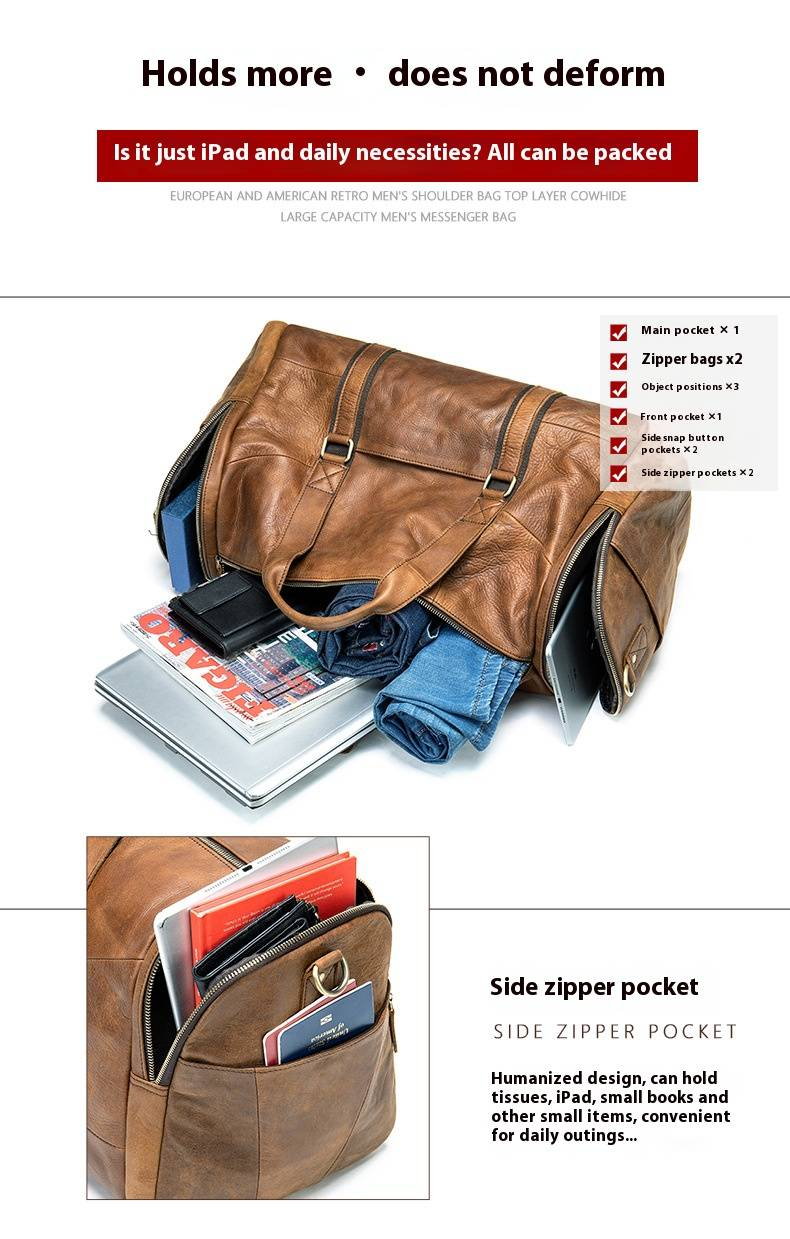 Men's Vintage Leather Travel Duffle Bag - Large Capacity 20-35L, Durable Genuine Leather, Classic Brown & Black For Gym, Outdoor & Business Trips_voghion.com