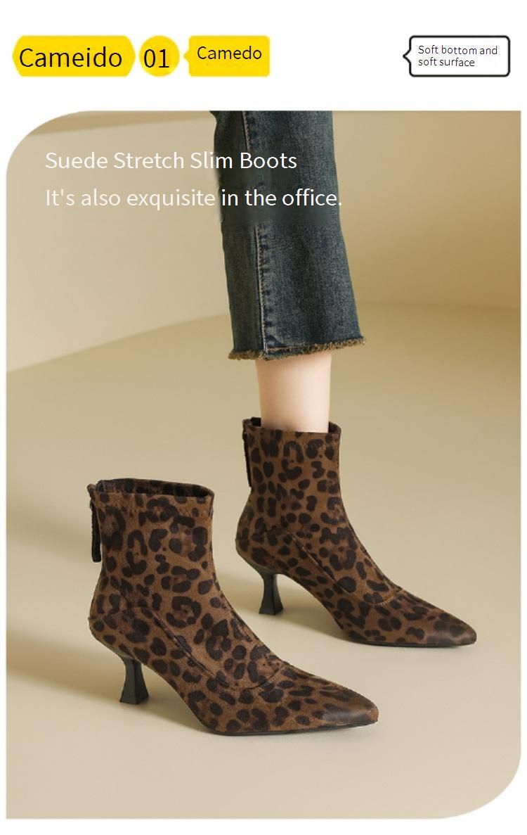 Cameido Women's Pointed Toe Thin Heel High Heel Short Boots Velvet Stretch Slim Fashion Boots_voghion.com