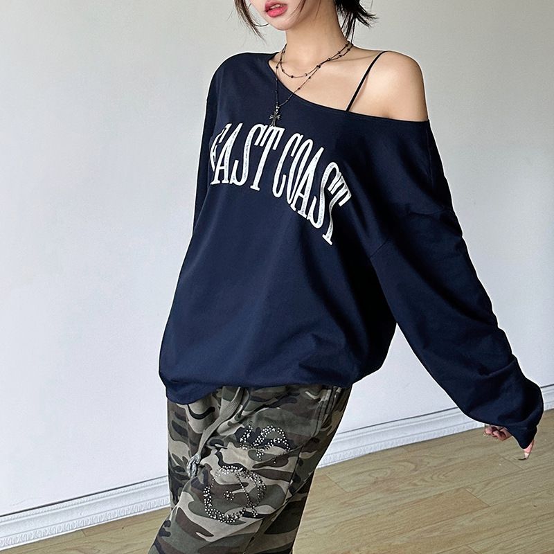 Maglia oversize da donna a maniche lunghe con scollo obliquo e stampa a lettere – Moda casual autunnale in misto cotone_voghion.com