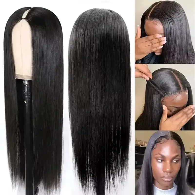 Peluca de cabello humano 100 % con parte en V, cabello humano Remy brasileño liso de calidad con clip, color negro natural para mujeres, pelucas hechas a máquina_voghion.com