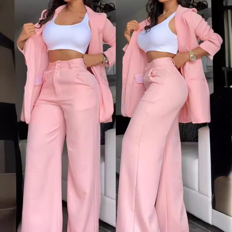 Ensemble de costume élégant à manches fendues et revers pour femme, couleur unie, avec poche, jambe droite et pantalon_voghion.com