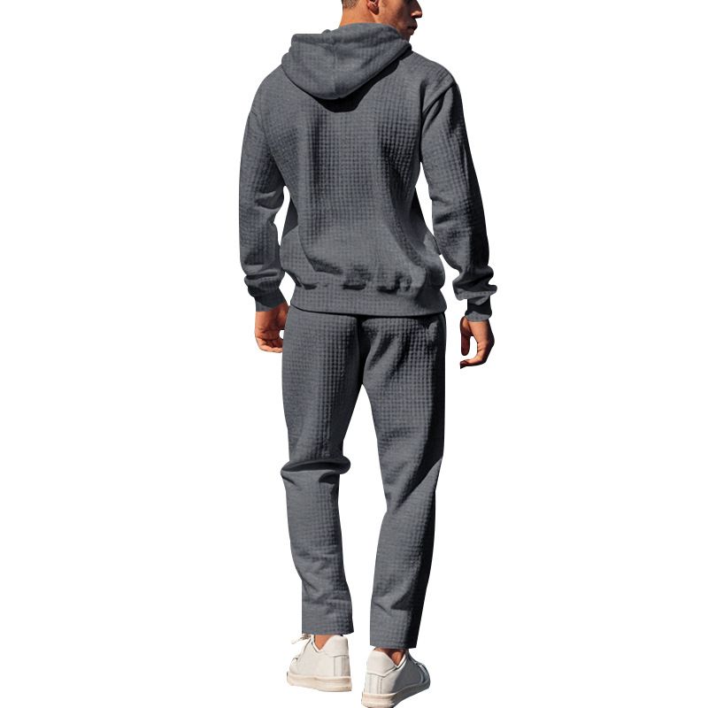 Fall men's heavy jacquard small plaid long-sleeved trousers hooded suit casual suit_voghion.com