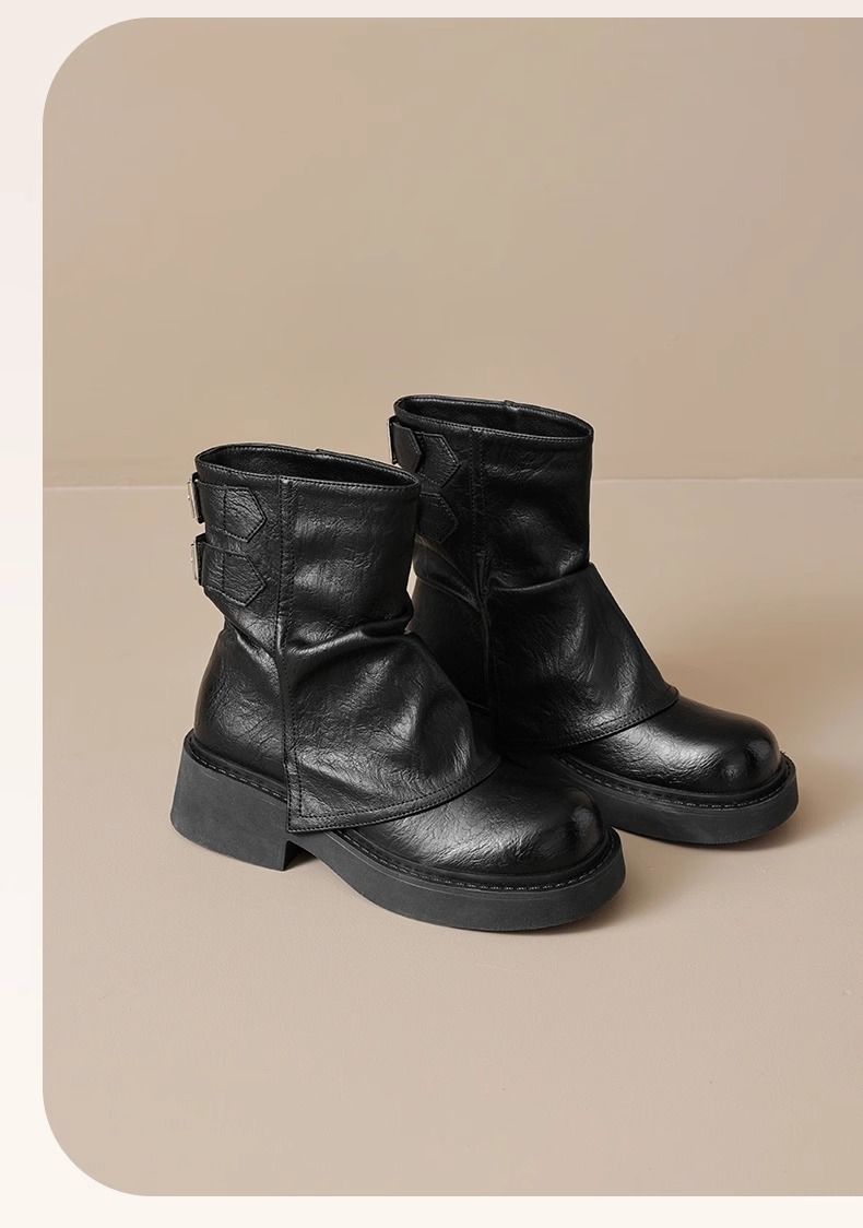 Bottes Martin courtes à la mode pour femmes, automne et hiver 2025, semelle épaisse, revers marron, style western, confortables, légères, tendance et polyvalentes_voghion.com