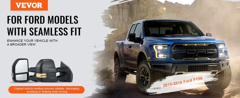 VEVOR Towing Mirrors Fit For 2015-2018 Ford F150, Power Heated With Signal Light LED Arrow Signal Light & Puddle Light, Plane & Convex Glass, Manual Controlling Telescoping Folding, Black_voghion.com
