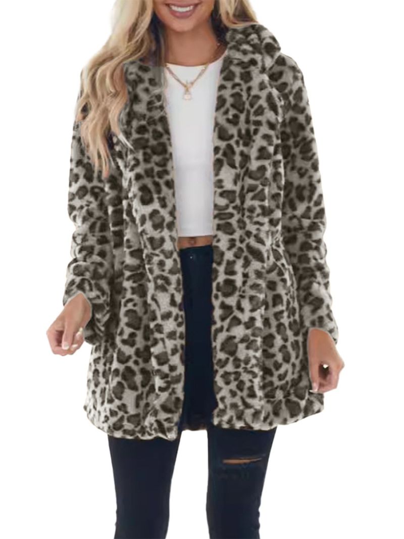 Women's Leopard Print Faux Rabbit Fur Coat Long Sleeve Mid-Length Outerwear With Pockets Loose Fit Winter Fashion_voghion.com
