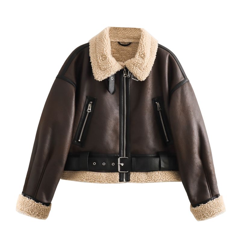 Damenbekleidung Kunstpelz Lederjacke Retro Biker Style Kurzmantel Wintermode Oberbekleidung_voghion.com