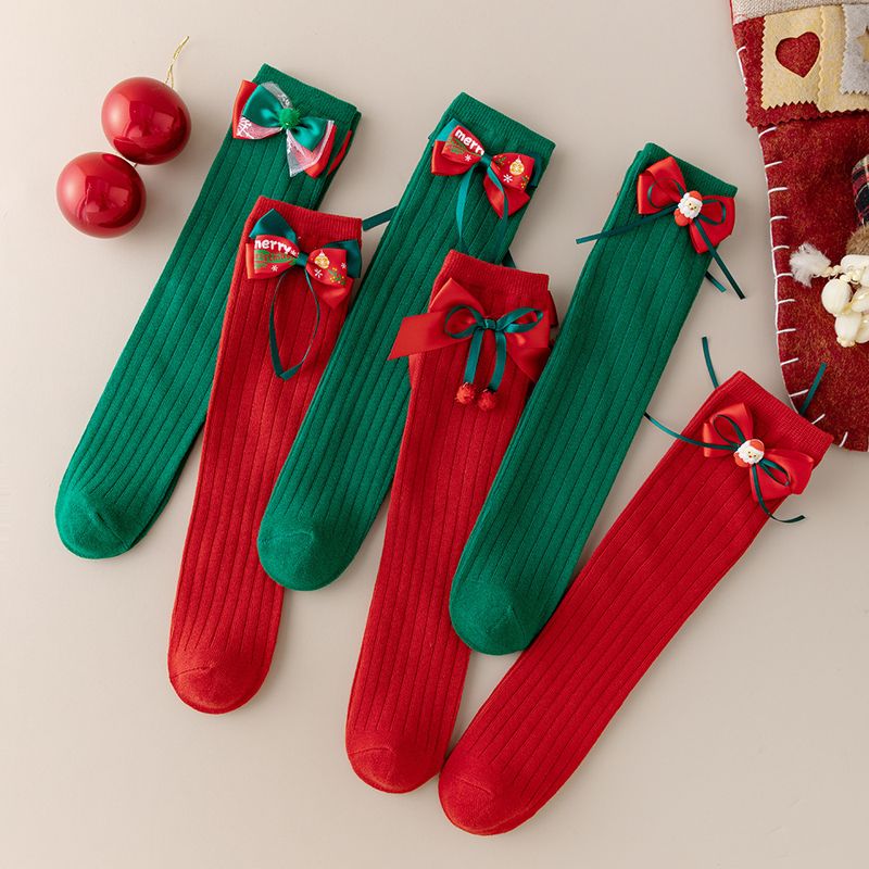 Calcetines para niños Otoño e invierno Calcetines con lazo rojo Calcetines de algodón rojos para niñas Calcetines navideños_voghion.com