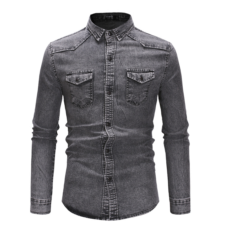2020 Frühlingsmode Vier Jahreszeiten Modell Doppeltasche Herren Casual Langarm Jeanshemd 3011_voghion.com