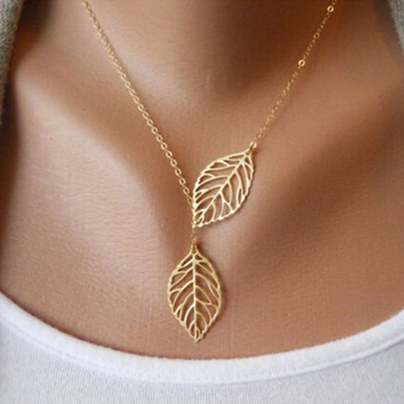 Hot Salg Ny Mode Dobbelte Blade Kvinder Boho Simple Legering Nøgleben Halskæde Blad Vedhæng Halskæder Kraver Tilbehør Smykker_voghion.com
