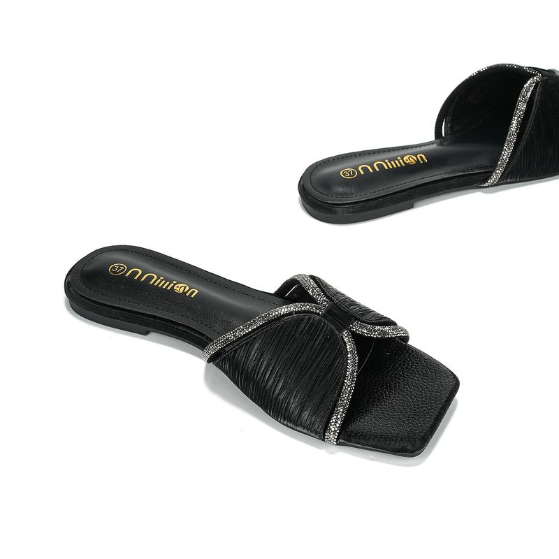 Pantoufles pour femmes, ballerines d'été, nouvelles pantoufles plates ornées de strass, style féerique, sandales pour femmes, semelle souple, bout carré, polyvalentes_voghion.com