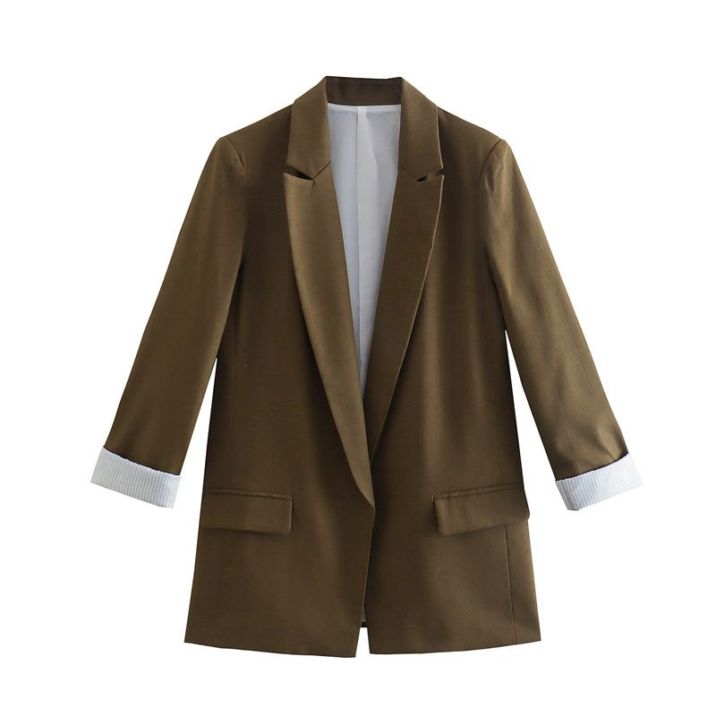 Dames herfst- en winterstijl opgerolde mouwen en casual temperament blazer opengeknoopt effen kleur forensenpak_voghion.com